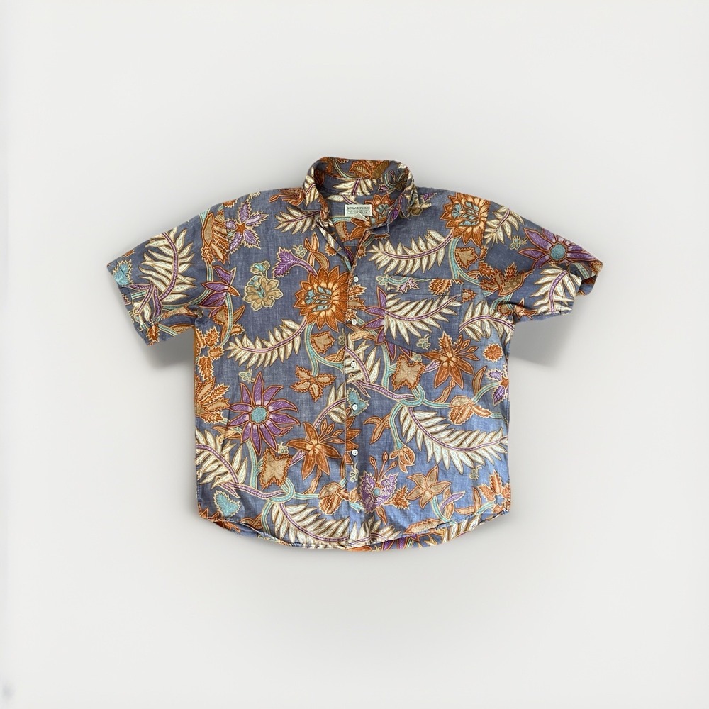 Vtg Y2K Banana Republic Men's Med Blue Floral Hawaiian Aloha Shirt 100% Cotton L